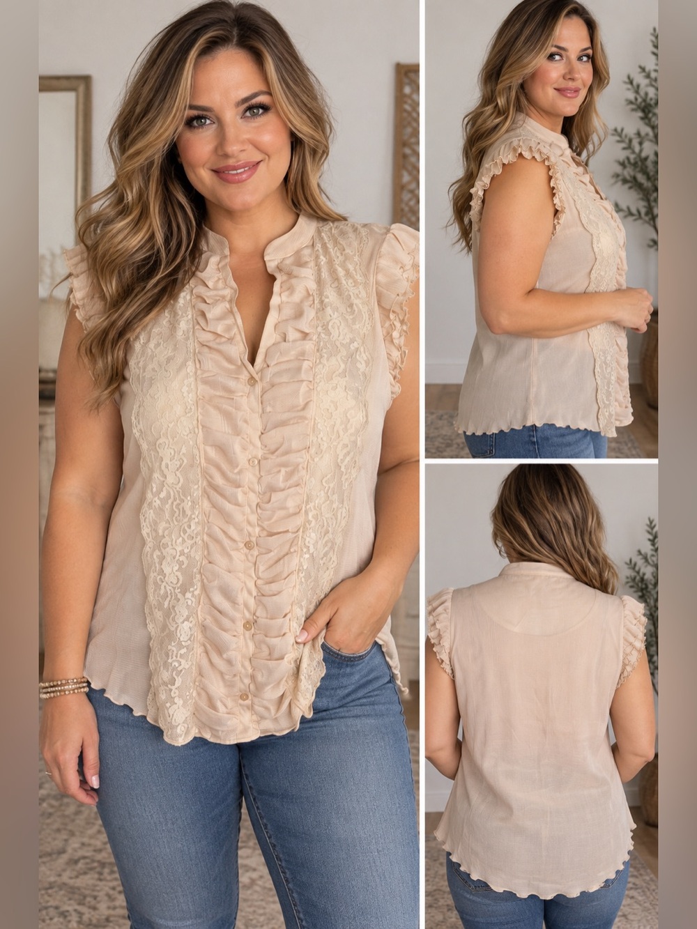 Metaphor Beige Lace Ruffle Sleeveless Blouse Top XL